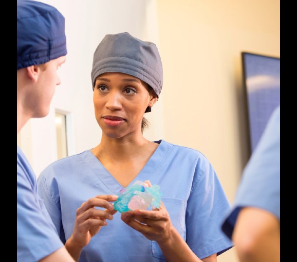 Medical professionals discussing a 3D printed anatomical model