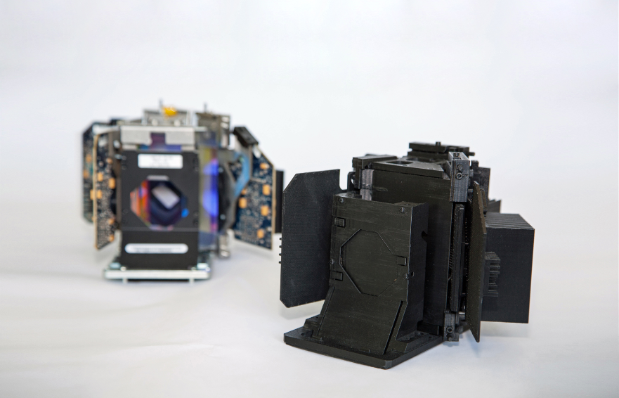 Light engine mock-up (right) and production unit.