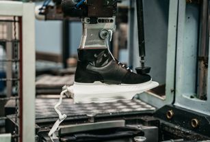 Footwear being manufactured.