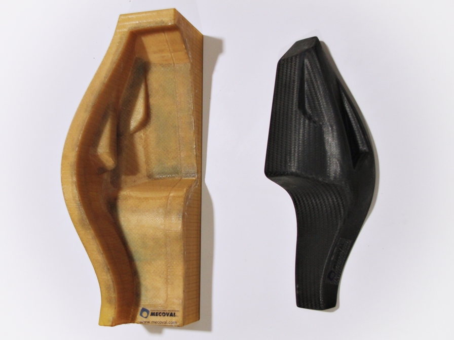 3D printed composite layup tool produced in ULTEM™ 9085 resin, alongside the final carbon-fiber part for use in Formula One racing.
