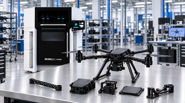 製造現場のテーブルの上に置かれたドローンと部品、その横にはStratasys F3300が設置されている