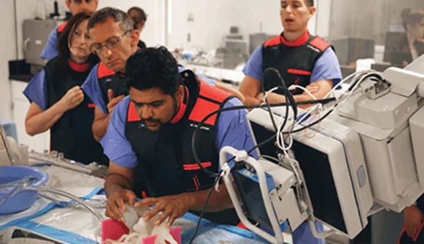 Dr. Iyer evaluates a patient-specific heart model during a surgery dry-run prior to treating the patient.