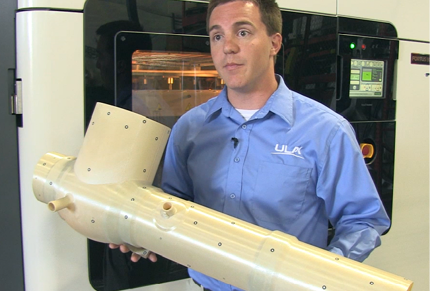 Launch vehicle ECS duct 3D printed in ULTEM™ 9085 resin material.