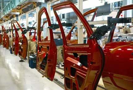 automotive assembly line red car doors