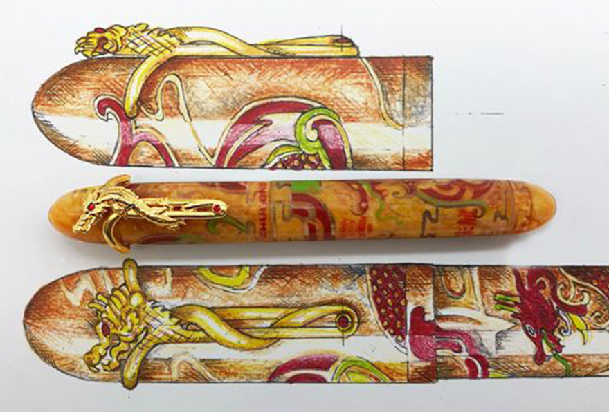 Duchessa 1935 the Zhulong fountain pen dragon with sketch drawing