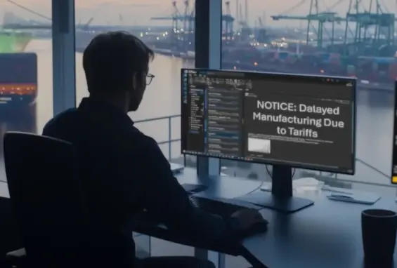 Person getting notice in email about manufacturing is delayed due to tariffs